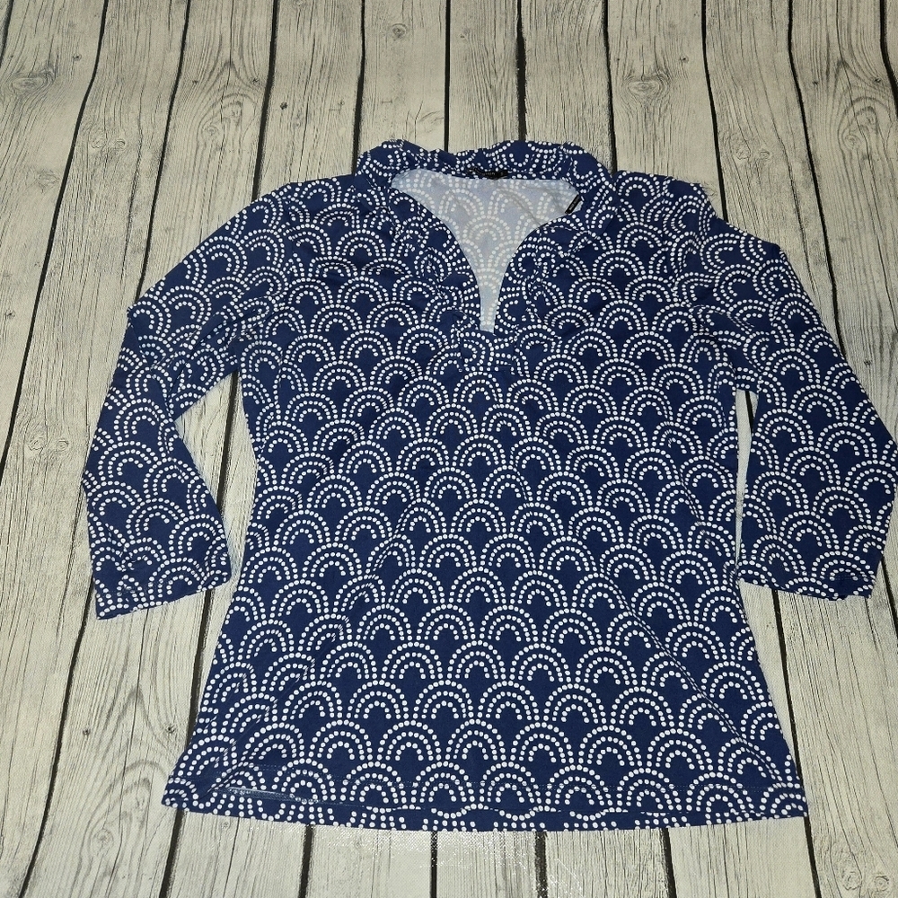 J. McLaughlin Durham Ruffle Collar 3/4 Sleeves Blue Scalloped Top SM  Catalina